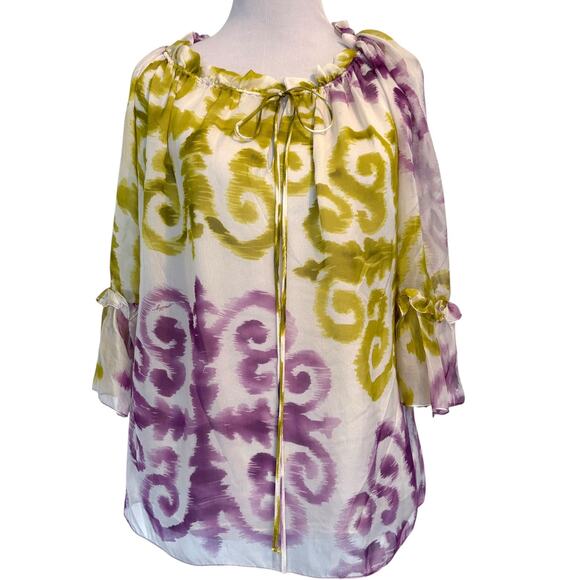 Milly 100% Silk Tie Neck Top Womens Size 8 Chartreuse Purple Ruffled Medium - Picture 1 of 7